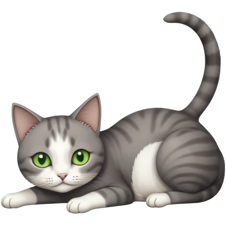 full body tiny short hair dark grey and white cat with white front legs and green  eyes lying down emoji