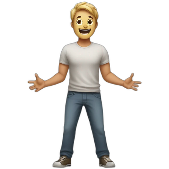 a guy who spreads his arms in surprise and makes a smiling face at the comicality of the situation emoji