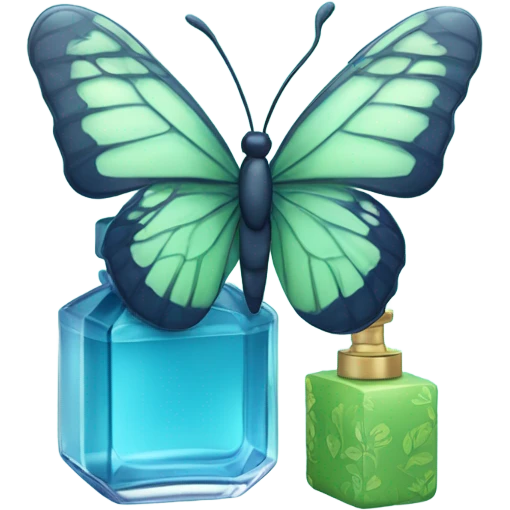  pastel green butterfly resting on an elegant blue perfume bottle with fork dark blue details. emoji