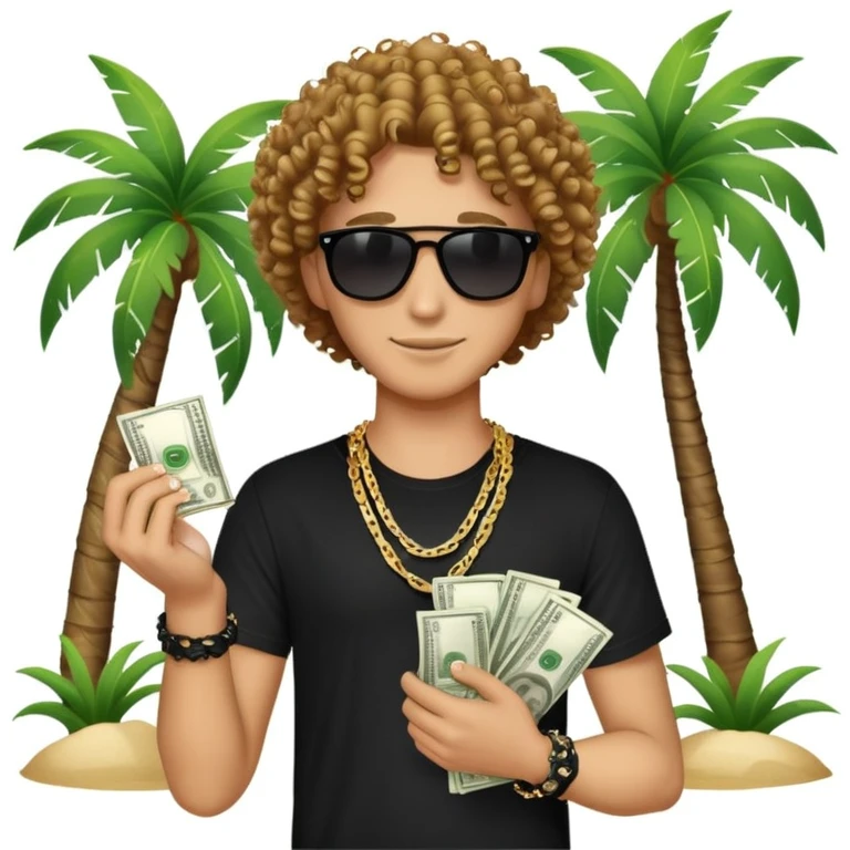Happy mixed-race person with curly hair, black t-shirt, chain necklace, sunglasses, holding cash in both hands, palm tree beach background emoji
