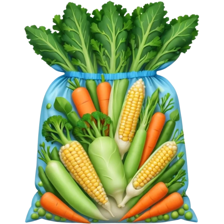 A colorful plastic bag filled with mixed vegetables — peas, carrots, corn, and broccoli — sealed and lightly frosted. Tnutrition facts, and vibrant vegetable images. Displayed in a grocery store freezer with cool white lighting and condensation on the glass door. emoji