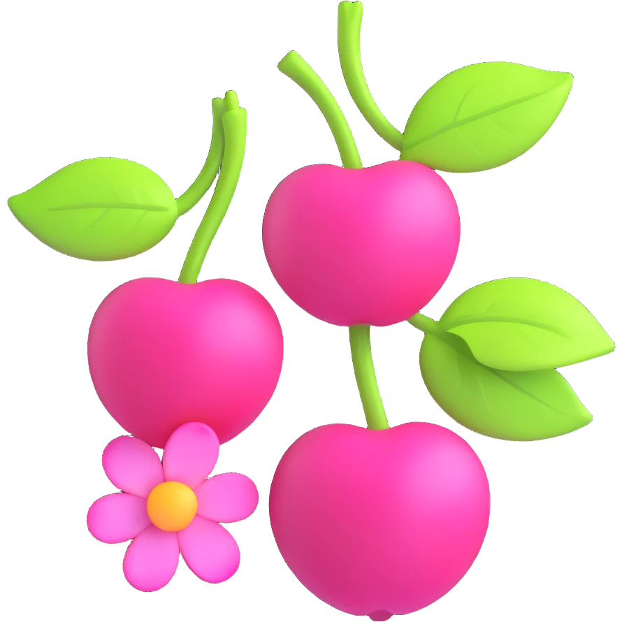 3D iOS-style illustration of two bright pink cherries with green leaves and pink flowers, vibrant neon colors, no background. emoji