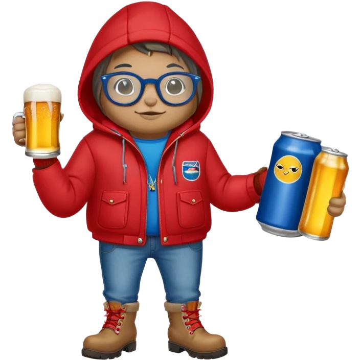 Catfish in a red winter jacket with hood, wearing round glasses, blue jeans, red boots, holding a beer can with a red label emoji