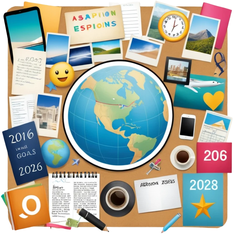 An extremely detailed lifestyle vision board collage for the year 2026. emoji