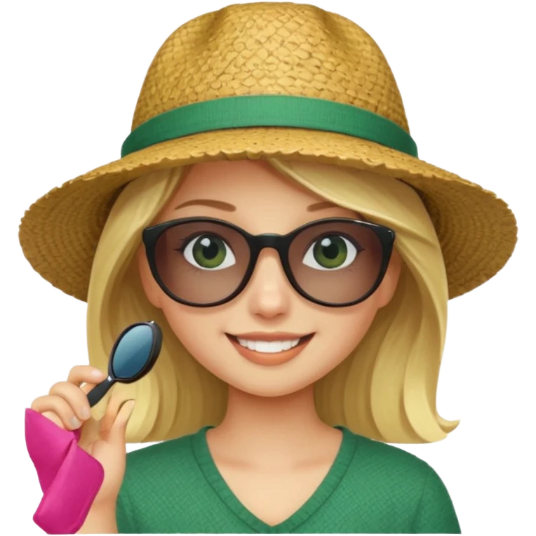 blonde girl in dark green straw hat adjusting sunglasses emoji