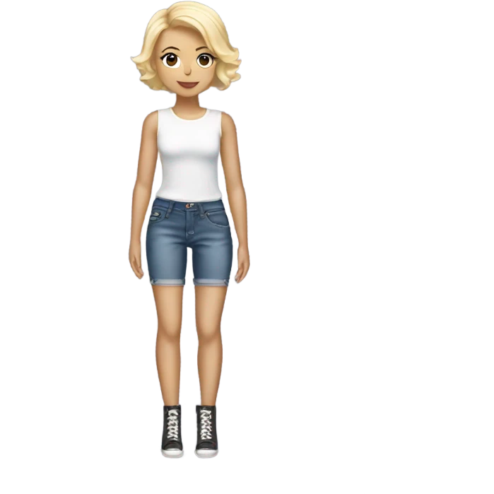 A blonde girl with short hair wearing a Shakira lace up croc top and short jeans and high heels  emoji