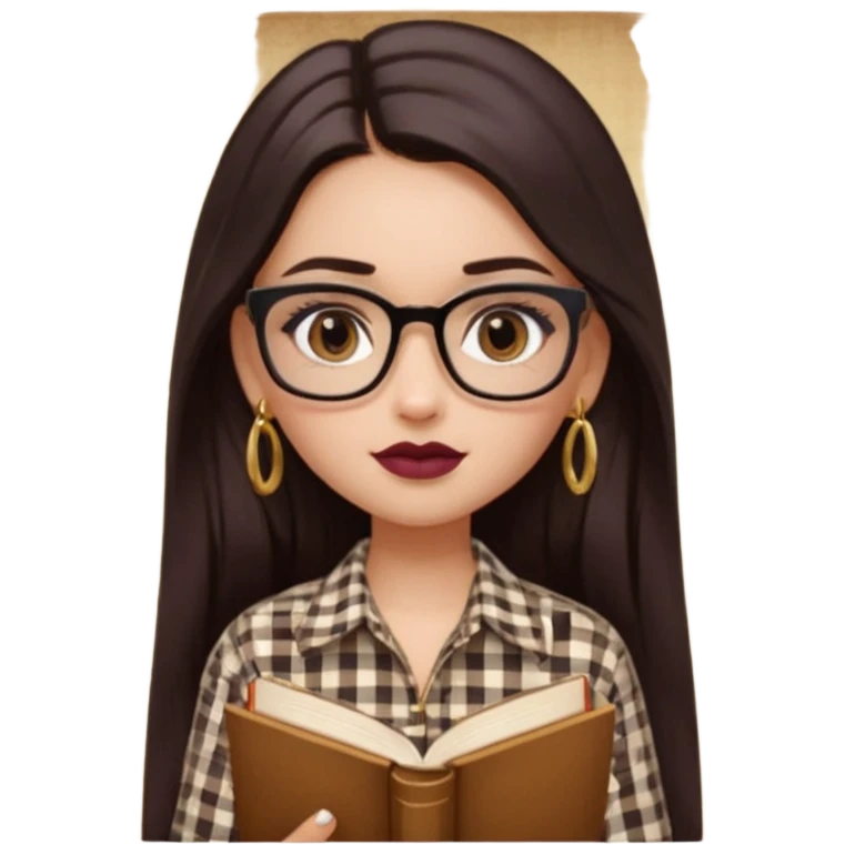 generate a pretty bratz girl with black small square spectacles, dark lipstick, gold stud earrings, a brown gingham shirt, books in hand, dark brown straight long hair, eyeliner on emoji