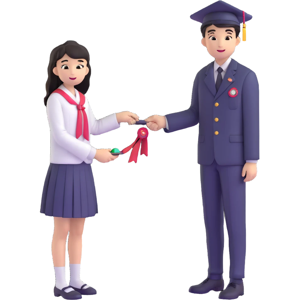 Japanese male high school student giving second uniform button to girl during graduation confession emoji