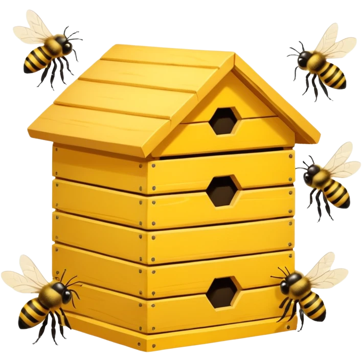 A wooden hive box with bees buzzing around the entrance. emoji