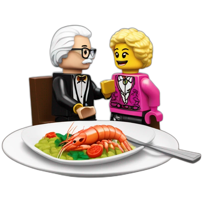 Des Lynam eating prawns with LEGO Lily Savage emoji