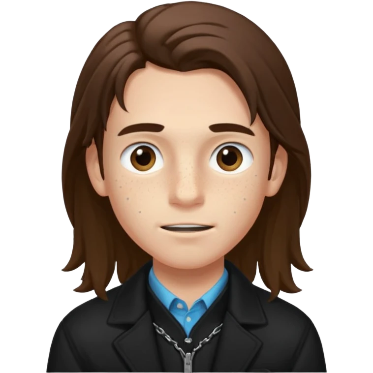 Un chico con pelo largo, que le llegue hasta las cejas, tiene pecas, brackets, ojos cafés oscuros y con una chaqueta negra emoji
