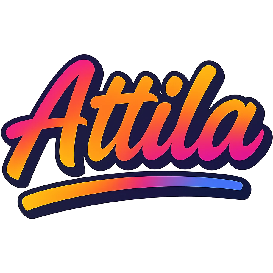 Attila name in modern colorful gradient font with dark outline, partially or fully underlined below the name, transparent background, in the style of sample images emoji