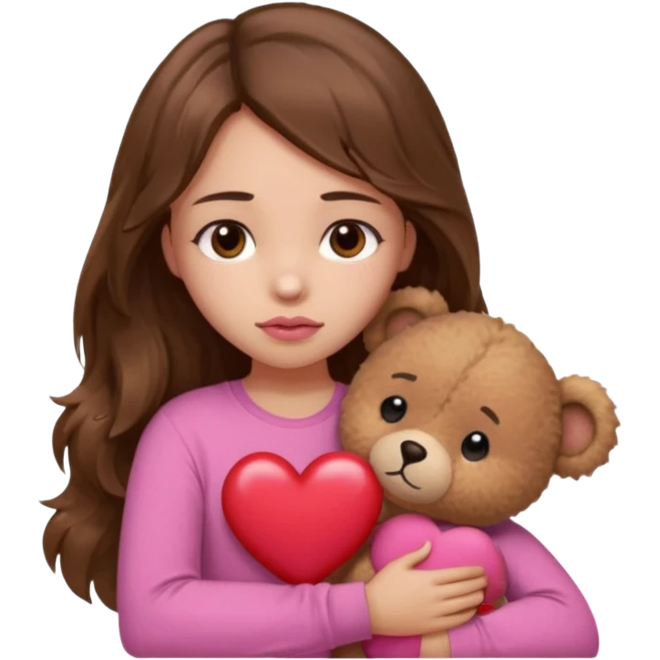 girl with long wavy brown hair, brown eyes, light to medium complexion, in a pink shirt, pink lips, long lashes, sad, hugging a teddy bear with a  heart emoji