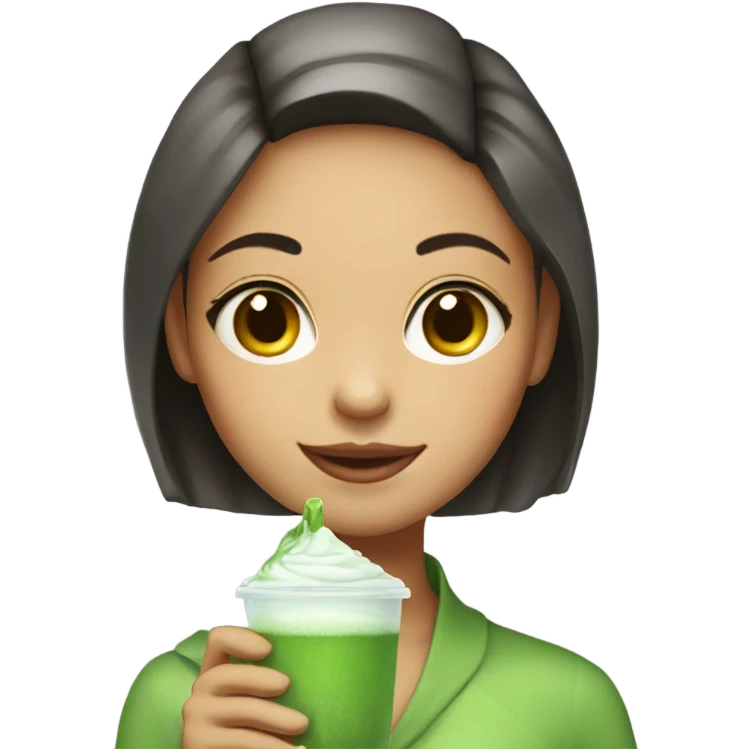 Pretty girl holding a glass cup of iced matcha  emoji