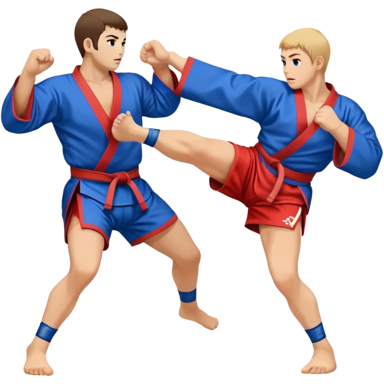 An icon symbolizing Sambo, featuring two fighters in blue and red kimonos with shorts and wrestling shoes. One executes a powerful throw, while the other attempts a defensive grab. The fighters are engaged in a grapple, using joint locks and sweeps.  emoji