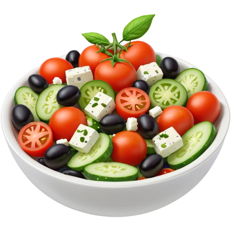 mediterranean salad bowl object icon, tomatoes, cucumbers, olives, feta cheese, olive oil dressing, 3D cartoon, mobile game icon style, clean background, no text, no watermark
 emoji
