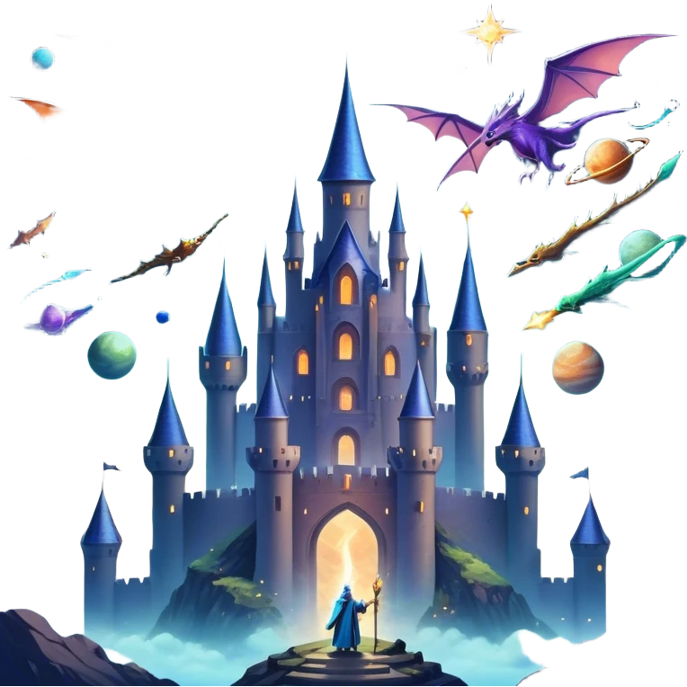 Icon for Fantasy and Sci-Fi Movies: A magical collage with flying dragons and futuristic spaceships. Stars and planets shimmer in the background with a mystical castle and an ancient wizard holding a staff. The atmosphere is epic, otherworldly and adventurous. Transparent background. emoji
