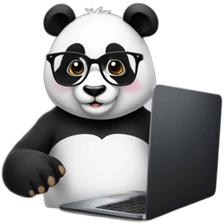 panda-wearing-square-glasses-and-white-tee-working-on-a-black-laptop emoji