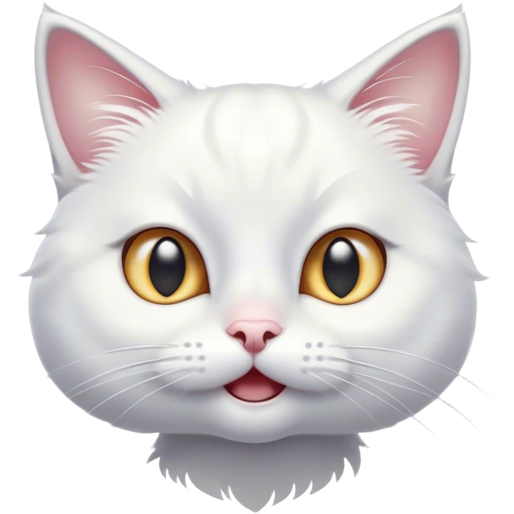 Cinematic Comical White Cat Portrait Emoji, Head tilted in an exaggerated, surprised manner with wide, sparkling eyes, showcasing a pristine white fur with subtle hints of silver and an animated, goofy expression, simplified yet whimsically detailed, glowing with a playful, bright radiance, high shine, exuding a lighthearted and comical charm, styled with a soft glowing outline, capturing the essence of a white cat that looks ready to prance comically off the screen! emoji