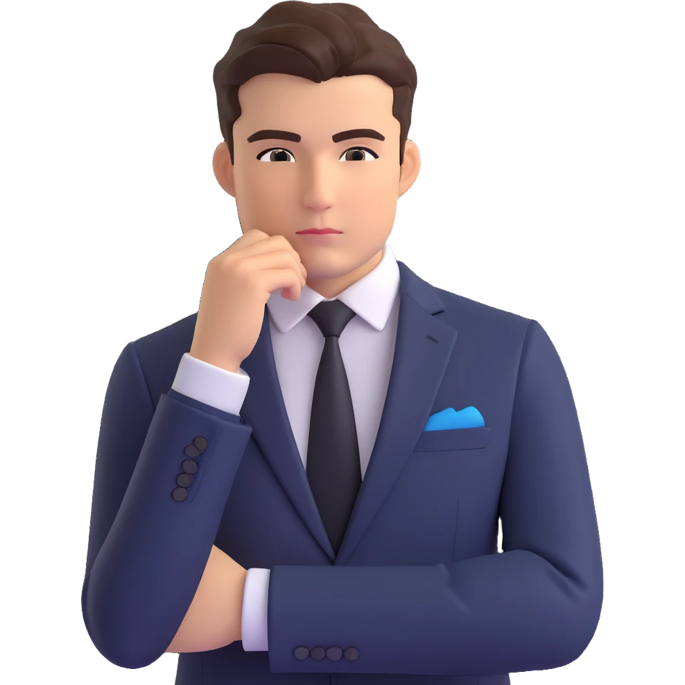 front-facing emoji-style businessman in a suit from the waist up, hand under chin, looking to the side thoughtfully, luxury watch visible on wrist, contemplative and curious mood, clean background emoji