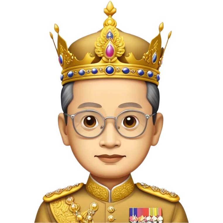 Cinematic Realistic King Bhumibol Adulyadej Portrait Emoji, depicted as a revered Thai monarch with a dignified expression and traditional royal attire, rendered with lifelike textures and soft regal lighting that captures his lasting legacy. emoji