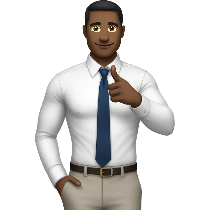 A modern man white shirt and  navy blue tie showing one finger  emoji