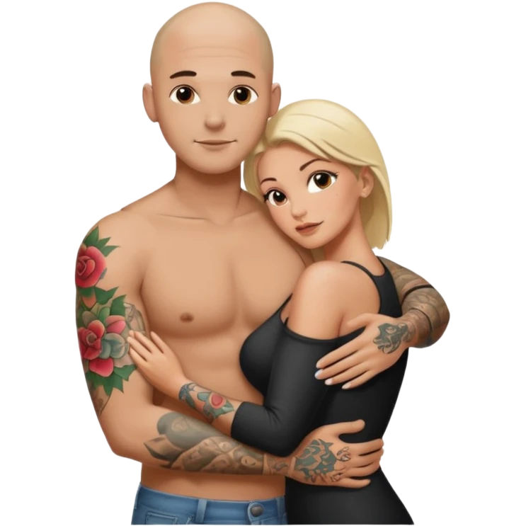throuple tattooed sleeves bbald male with topless naked big boobed brunette and topless naked big boobed blonde girlfriends  lovingl  and sexy polygamy hott emoji