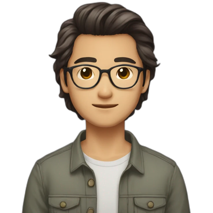 young vietnamese guy brown mid long hair with parting mid long in the middle turtletoise glasses and a beard and light brown skin with beard emoji