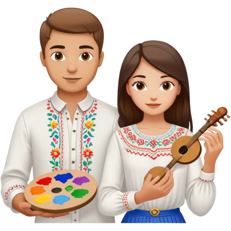 a guy in a white Ukrainian embroidered shirt and a girl in a white Ukrainian embroidered shirt, holding music and a paint palette emoji