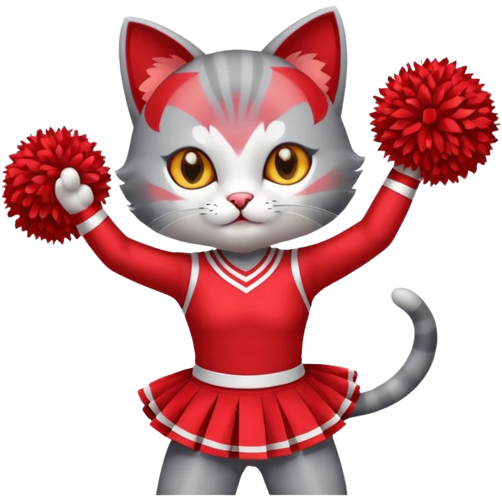 A sleek grey cat cheerleader twirling pom-poms with confident energy. emoji