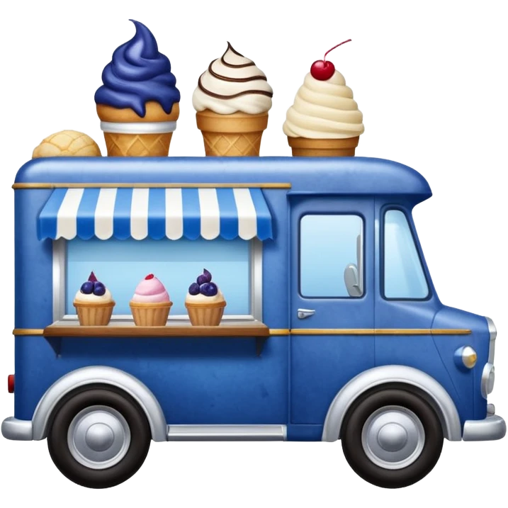 shiny-dark-blue crystal-bodied frozen blueberry muffin, pie, and ice cream float, antique long-wheelbase cab over durable-looking food truck  emoji