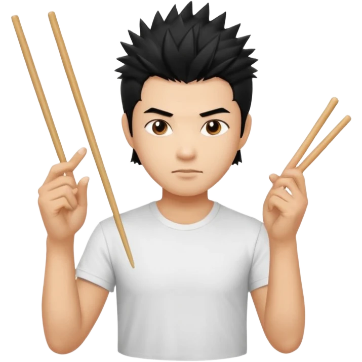 Make it a vietnamese male with spiky black hair holding only ONE pair of chopsticks in one hand, t-shirt. Please only ONE hand with chopsticks emoji