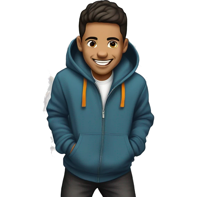 Create a playful portrait of a young man with a round face, short dark hair, and a mischievous smile, wearing a stylish hoodie. The background features colorful graffiti and an urban setting, capturing his energetic personality emoji