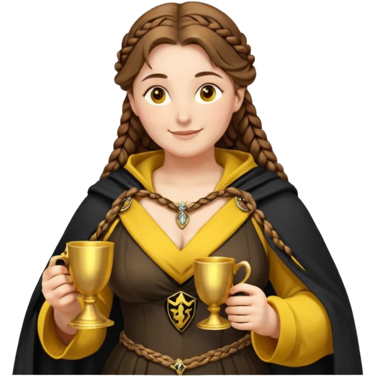 Helga Hufflepuff, brown-haired, 2 thick brown braids, yellow-black medieval dress, deep neckline, black cloak decorated with gold braiding, only one tiny two-handled shiny yellow-gold cup, very kind smile, curvy busty sweet woman, macromastia, thick round rosy cheeks emoji