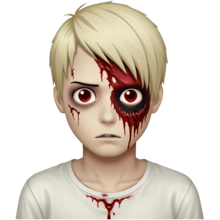 zombie boy, hair looks like L of Death Note, black background, bloodstained white shirt, emo, dark circles eyes emoji