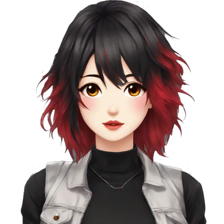 Gorgeous anime style lady with blushing face aesthetic and pretty edgy black red punk hair with hair garment trending style emoji