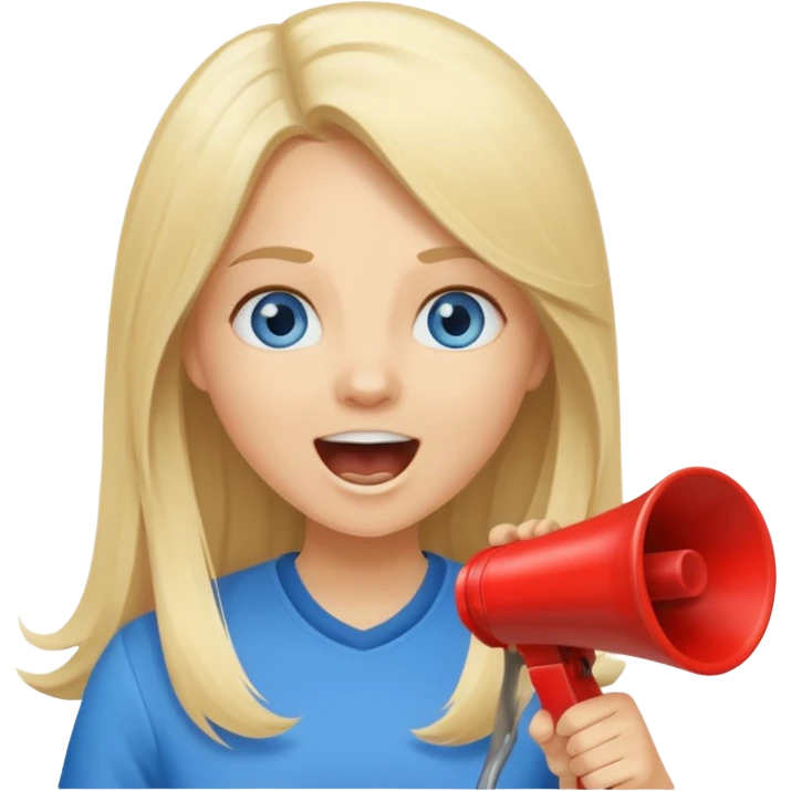 blue eyes blonde girl yelling into megaphone saying timeout long hair smiling emoji