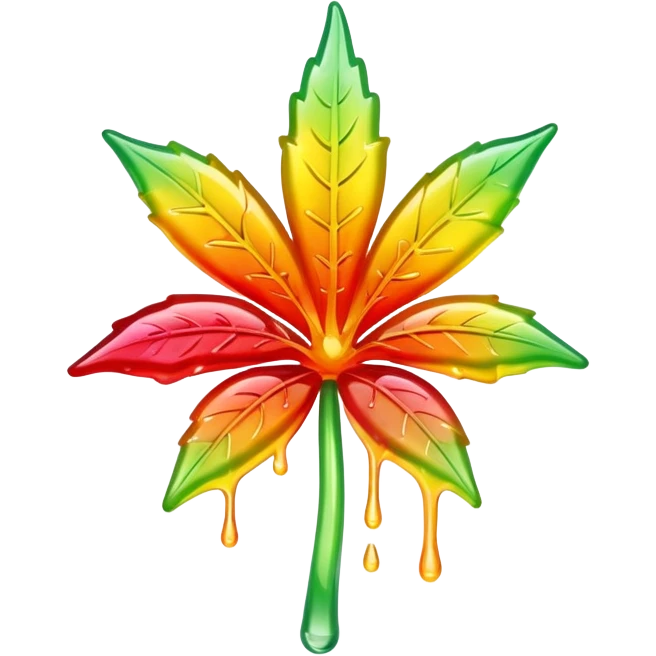 generate an emoji-style image of a juicy gummy shaped like a marijuana flower, make it colorful and with liquid dripping out emoji