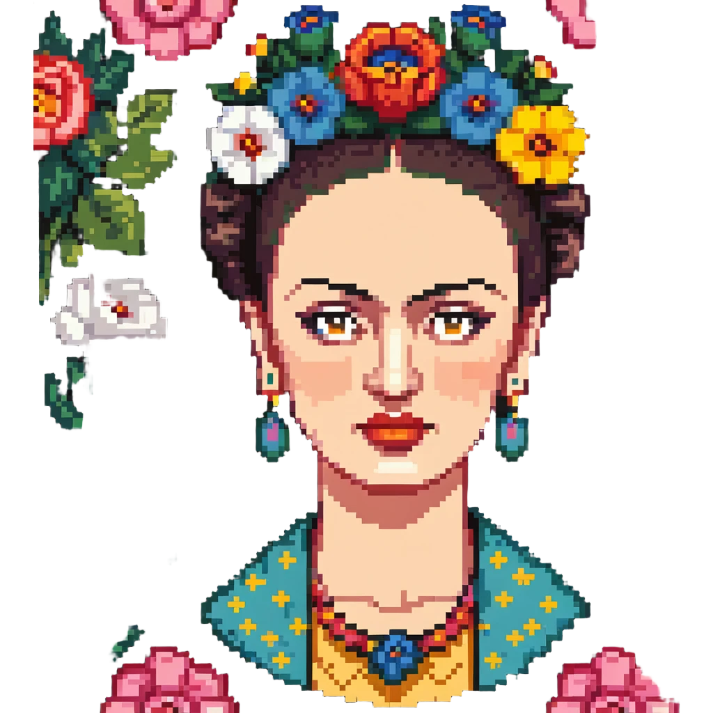 Frida Kahlo portrait with iconic unibrow and flowers emoji