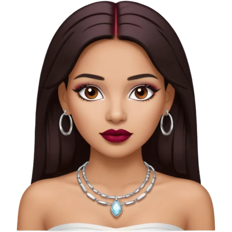 latina makeup olsun, saçları düz, halka küpeler taksın. takıların hepsi gümüş rengi olsun halka küpeler ve kolye dahil. makyajı ağır olsun ve beyaz bir Bandeau top kıyafet giyisin dudakları bordo olsun emoji