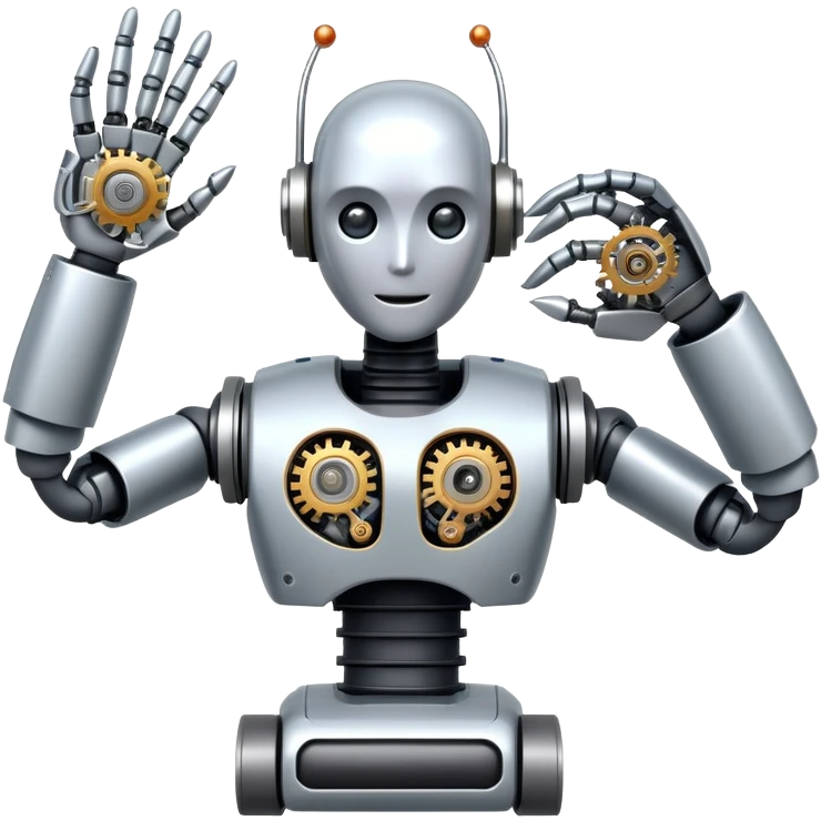 An icon featuring a humanoid robot assembling parts with mechanical arms, a circuit board in its chest, and a conveyor belt in the background. The design includes gears, sensors, and a robotic claw, symbolizing robotics innovation and automation. Transparent background emoji