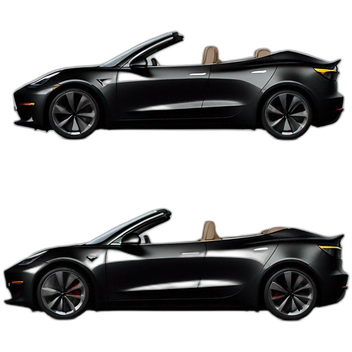Hyper realistic, open top, black, 2023 Tesla Model 3, black upholstery, side view emoji
