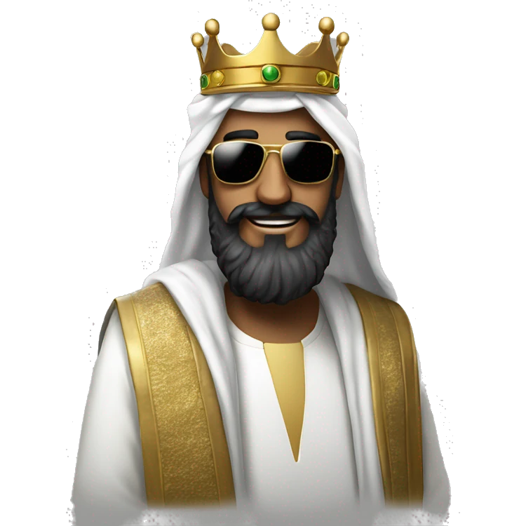 A man in an arafat with a large black beard and large square sunglasses, wearing a golden crown on top of the arafat emoji