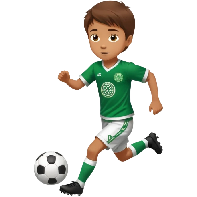 Brown hair 6 years old boy running playing soccer wearing celtic uniform ( jersey) and is number 17 emoji