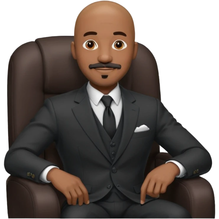 Black man, bald, in a suit, sitting on a chair in the office, goatee mustache emoji