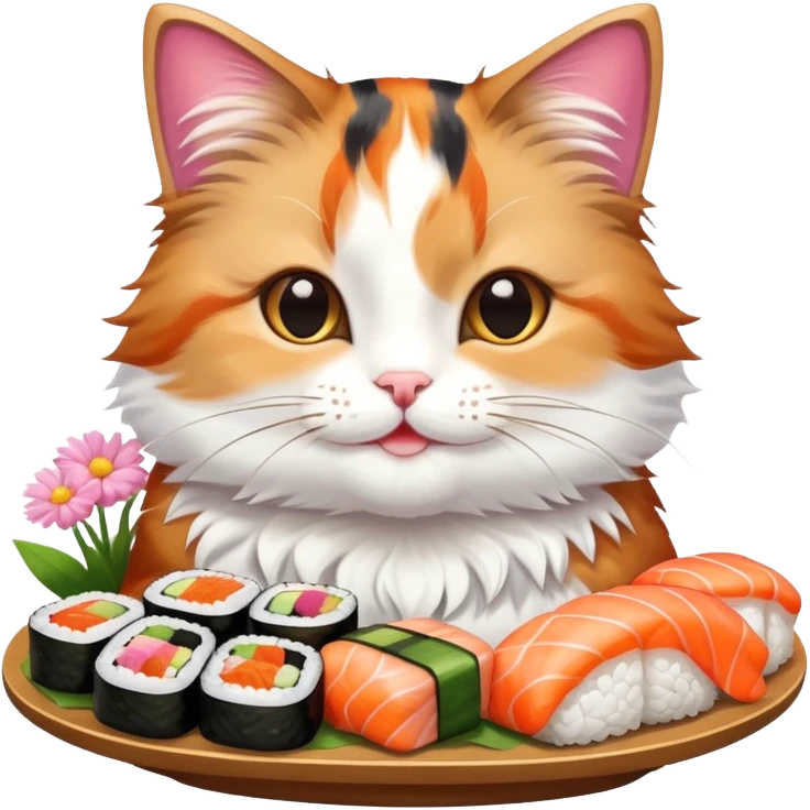 happy cat with flowers and sushi emoji