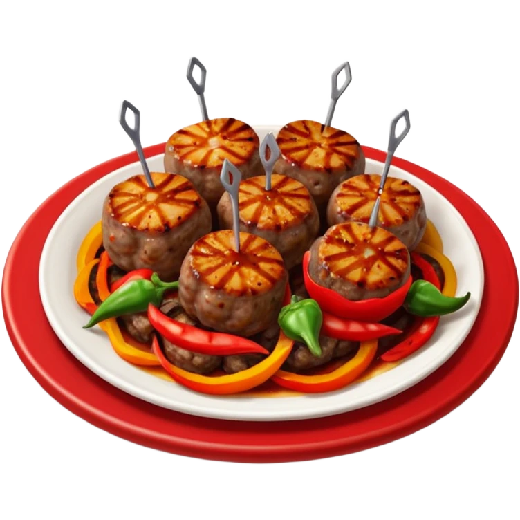 Akçaabat meatballs object icon, grilled Turkish kofte pieces on a plate, smoky char marks, juicy texture, served with grilled peppers and tomatoes, 3D cartoon, mobile game icon style, centered, clean background, no text, no watermark
 emoji