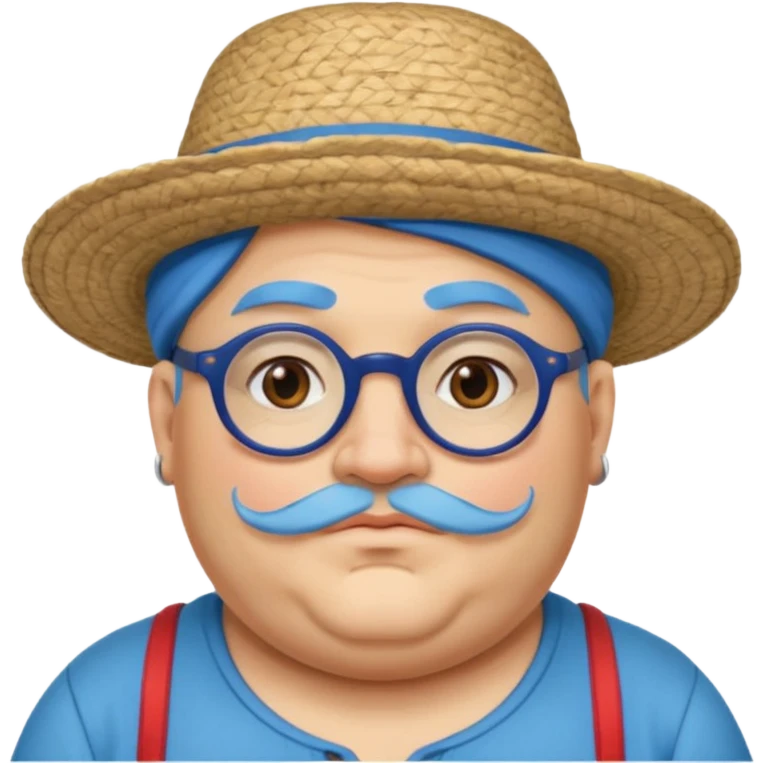 very tattoed face, normal glassess, fat venice gondolier with iconic hat and blue hair woman emoji