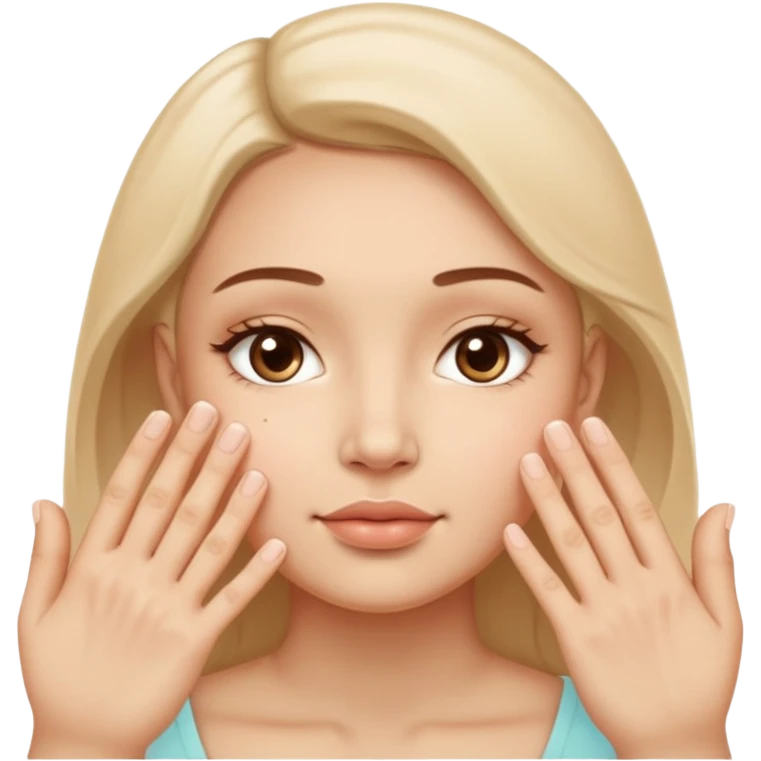 Simple wellness-style emoji of a face with a hand gently pressing and guiding facial fullness downward and outward, showing reduced face fat and puffiness, clear slimming effect on cheeks, natural and healthy look, no makeup emoji
