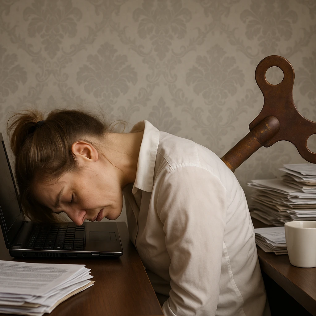 Create a hyperrealistic image of an exhausted woman with chronic fatigue, sitting at a desk with her head resting on a laptop computer. She has a large wind-up key in her back symbolizing depleted energy. The scene is detailed and realistic, in 4K quality, set in a home or office environment. Inspired by the reference image. emoji